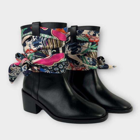 Clergerie x Chufy Tafi Japan Printed Scarf Black Leather Boot Size 36 NEW - Picture 1 of 14